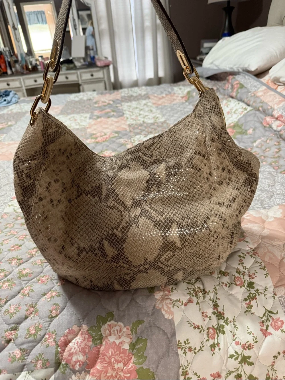 Michael Kors Beige Snake-Print Hobo with Gold Hardware